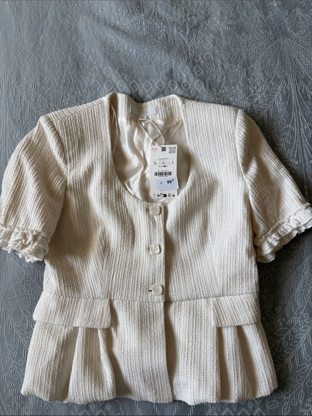 Zara- Ivory Textured Short-Sleeve Peplum Jacket- NWT